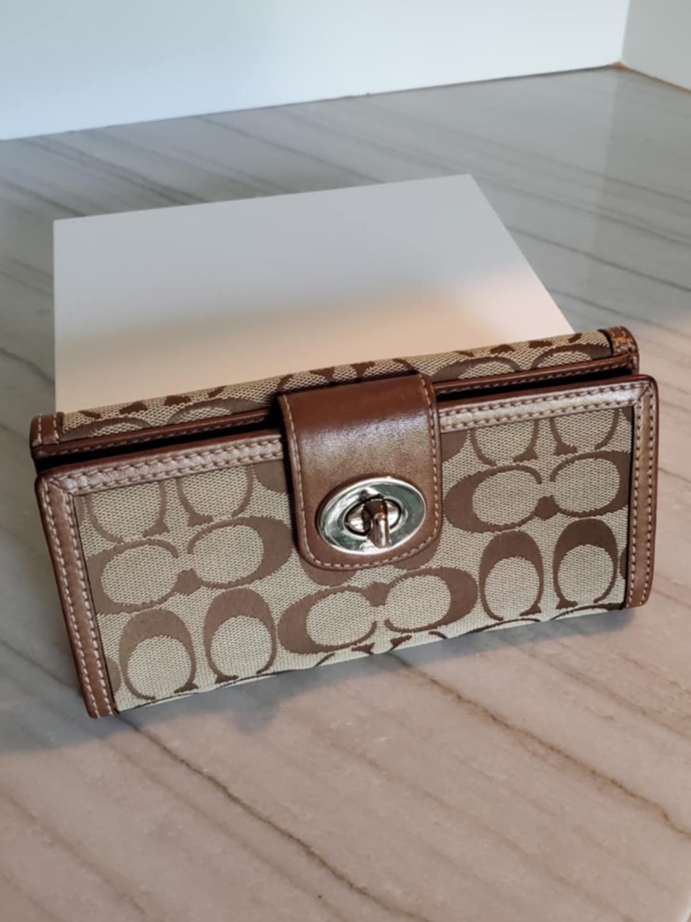 Coach Beige and Brown Signature Turnlock Wallet
